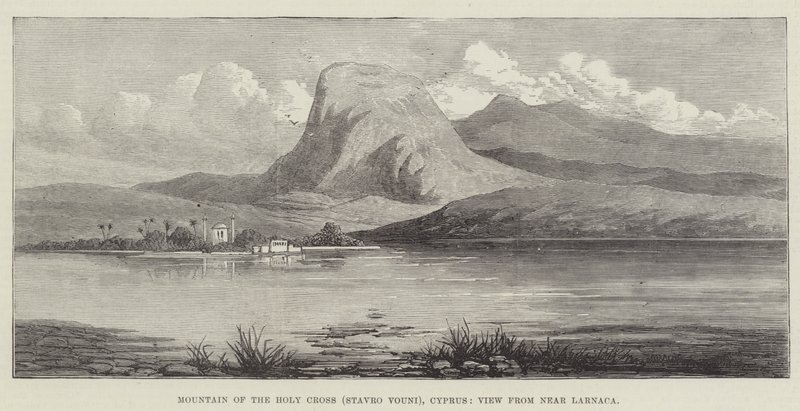 A Szent Kereszt hegye (Stavro Vouni), Ciprus, kilátás Larnaca közeléből (metszet) alkotó: English School