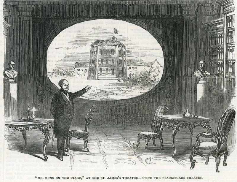Mr Bunn a színpadon, a St James Színházban – jelenet a Blackfriars Színházban alkotó: English School