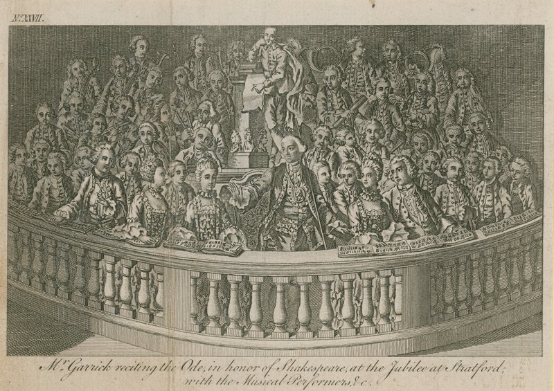 David Garrick elmondja az Ódát William Shakespeare tiszteletére a stratfordi jubileumon alkotó: English School