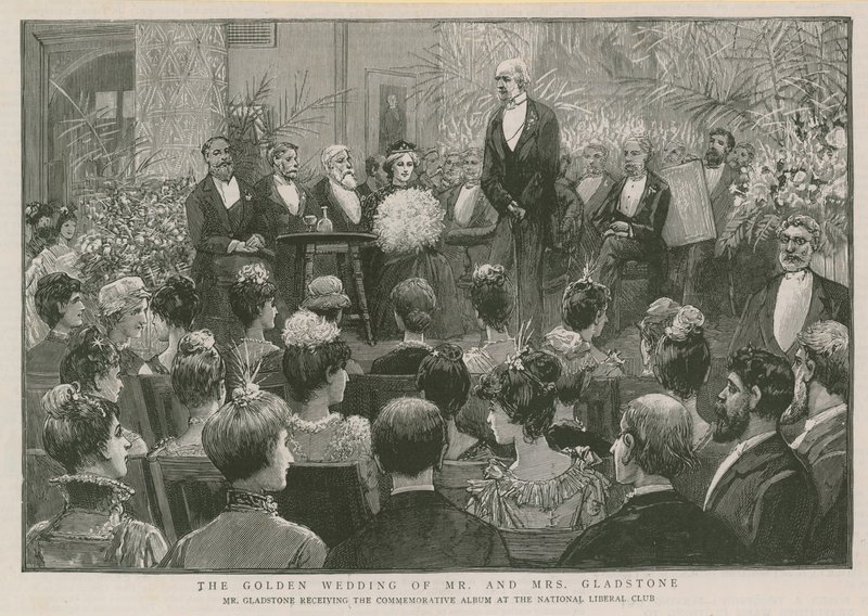 Gladstone úr átveszi az emlékalbumot a National Liberal Clubban alkotó: English School