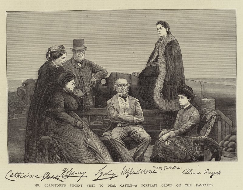 Gladstone úr legutóbbi látogatása a Deal Castle-ben, egy portrécsoport a sáncokon (metszet) alkotó: English School