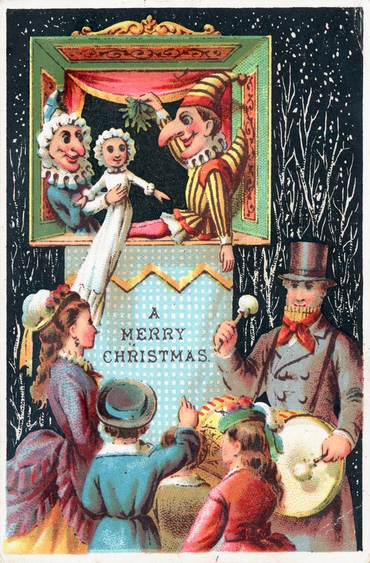 Mr. Punch fagyöngyöt tart, karácsonyi üdvözlőlap alkotó: English School