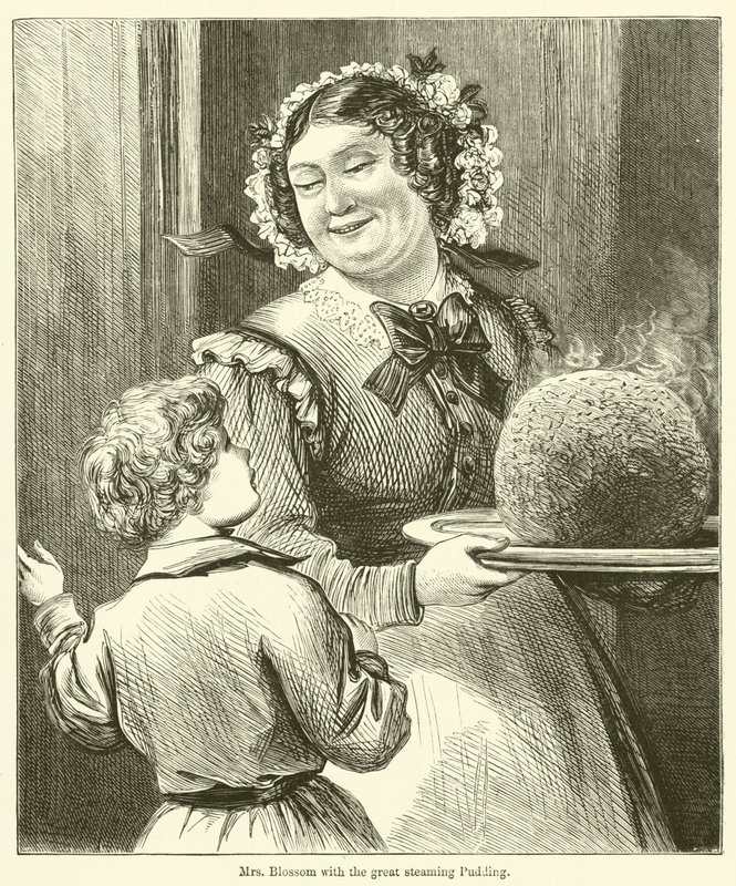 Mrs. Blossom a nagy gőzölgő pudinggal (metszet) alkotó: English School