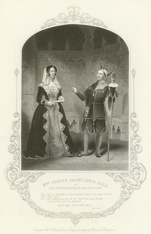 Mrs Ternan és Mrs Lewis Ball, mint Rousillon grófnő és bohóca, Minden jól végződik, I. felvonás, iii. jelenet alkotó: English School