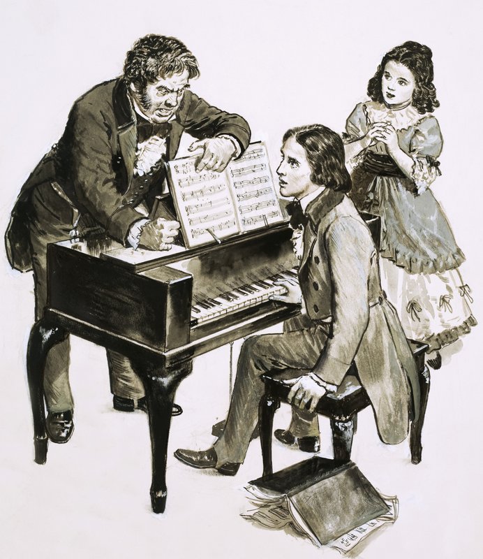 Friedrich Wieck zenetanár kiabál Robert Schumannnak, miközben lánya, Clara Wieck nézi alkotó: English School
