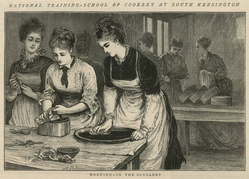 National Training School of Cookery South Kensingtonban: Reggel a mosdóban alkotó: English School
