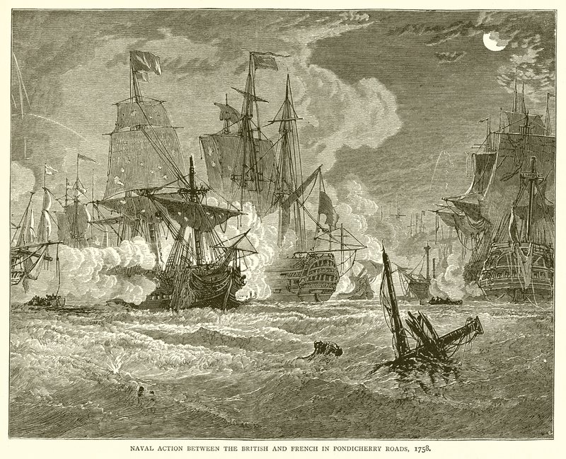 Tengerészeti akció a britek és a franciák között a Pondicherry Roads-on, 1758 alkotó: English School