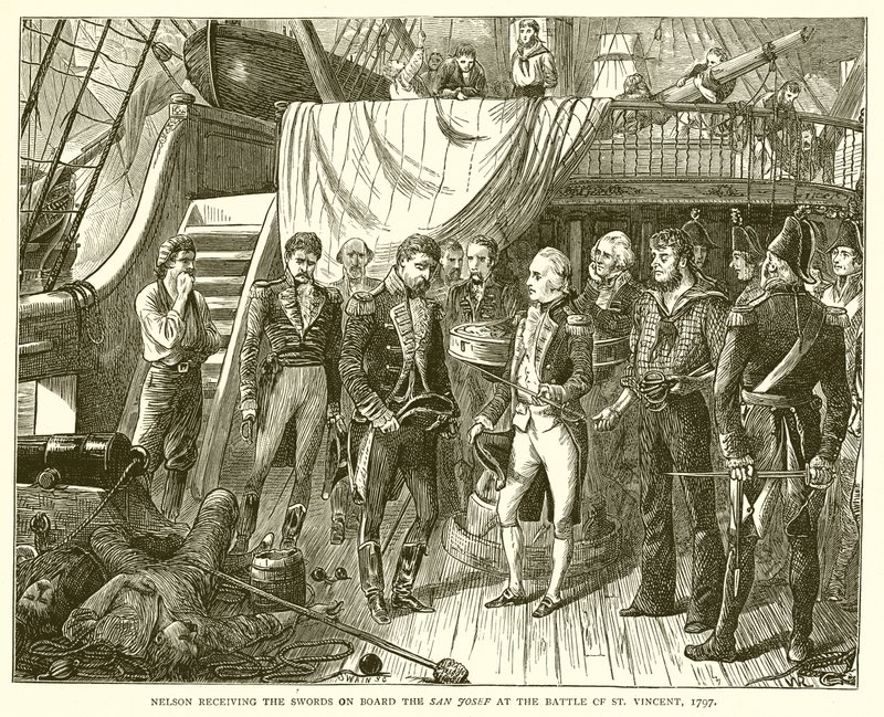 Nelson átvette a kardokat a San Josef fedélzetén a St. Vincenti csatában, 1797 alkotó: English School