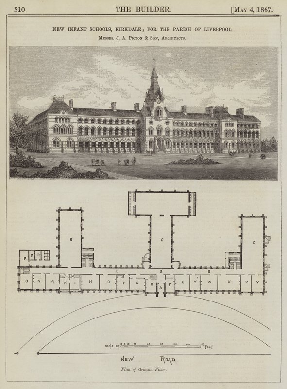 New Infant Schools, Kirkdale; a liverpooli plébánia számára, J A Picton urak és fia, építészek (metszet) alkotó: English School