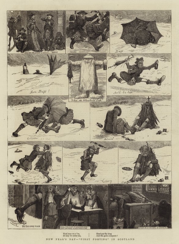 Újév napja, "First Footing" Skóciában (metszet) alkotó: English School