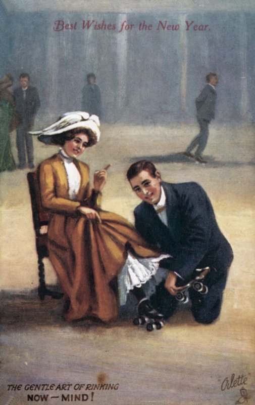 Újévi kártya görkorcsolyázókkal (színes litho) alkotó: English School