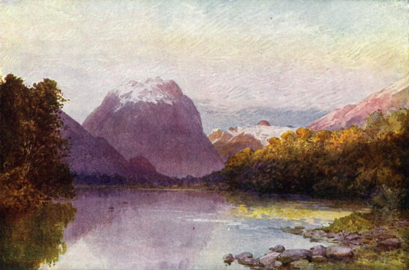 Új-Zéland: Te Anau tó partján (színes litográfia) alkotó: English School
