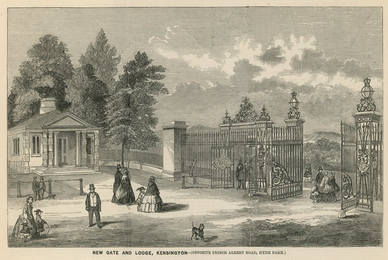 Új kapu és szállás, Kensington, szemben a Prince Albert Road-tal, a Hyde Parkban alkotó: English School