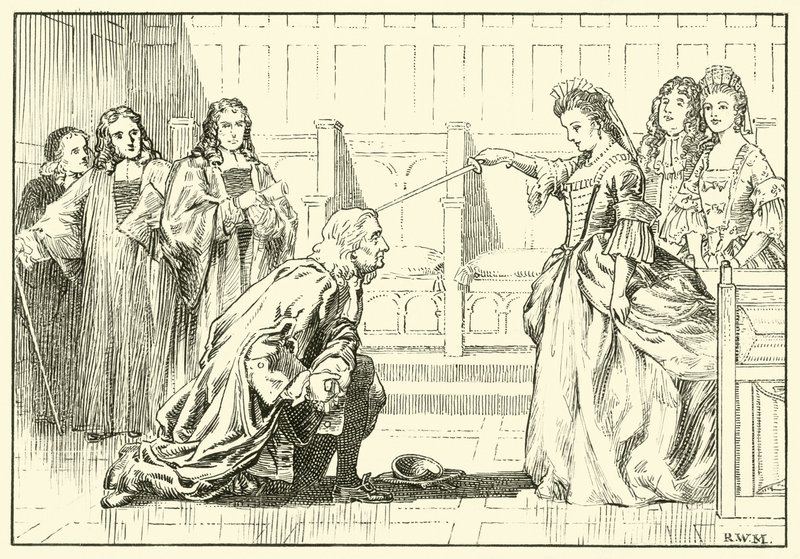 Anne királynő lovaggá ütötte Newtont (tintával a papíron) alkotó: English School