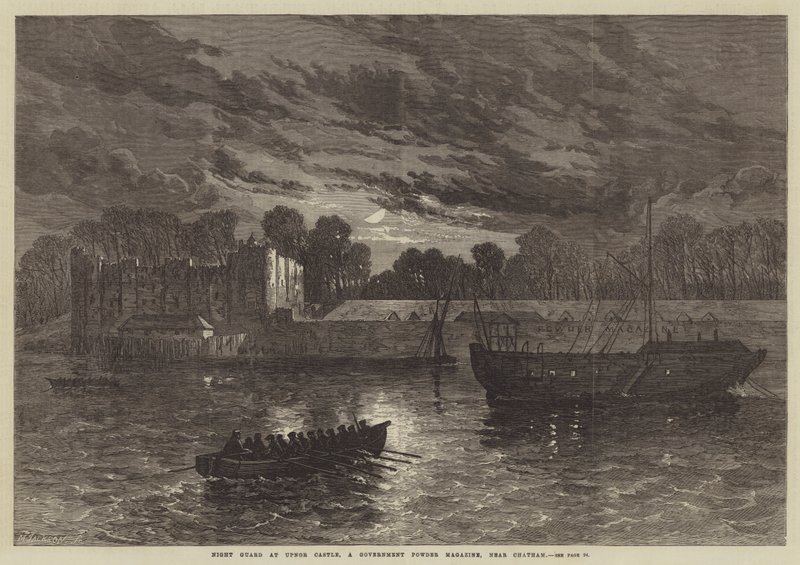 Éjszakai őrség az Upnor Castle-ben, egy kormányzati pormagazin, Chatham közelében (metszet) alkotó: English School