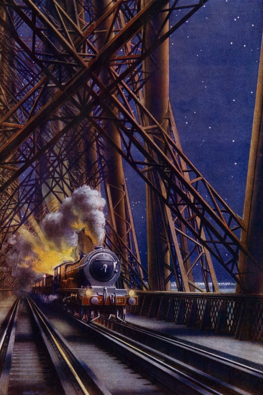 Éjszakai vonat átkel a Forth Bridge-en, Skócia (színes litho) alkotó: English School