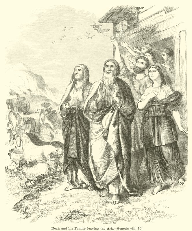 Noé és családja elhagyja a bárkát, Genezis, viii, 16 alkotó: English School
