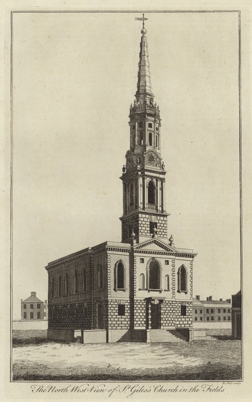 Északnyugati kilátás a St Giles-templomra a Fieldsben, Londonban alkotó: English School