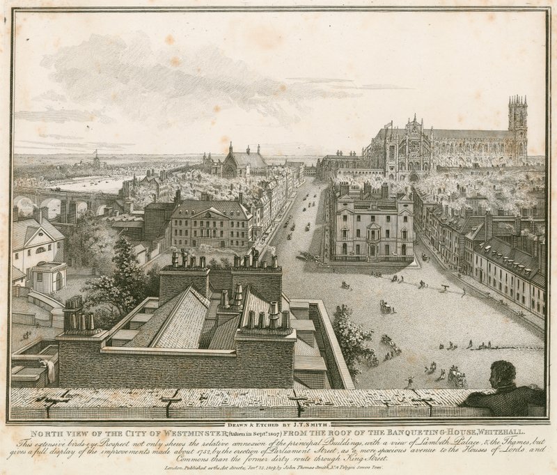 Westminster északi nézete a Whitehall bankettház tetejéről alkotó: English School