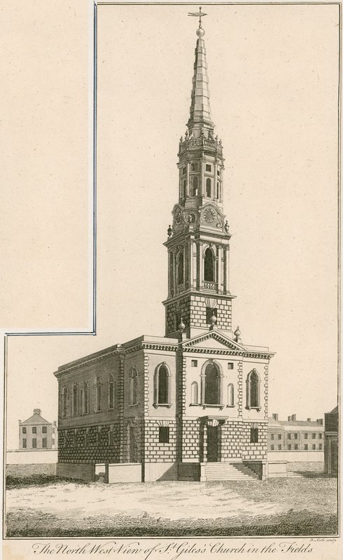 Északnyugati kilátás a St Giles-templomra a Fieldsben, Londonban alkotó: English School