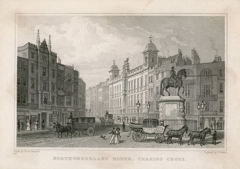 Northumberland House, Charing Cross. A Bishs Lottery Office, No 9 Charing Cross, a Golden Cross Hotel szomszédságában található alkotó: English School