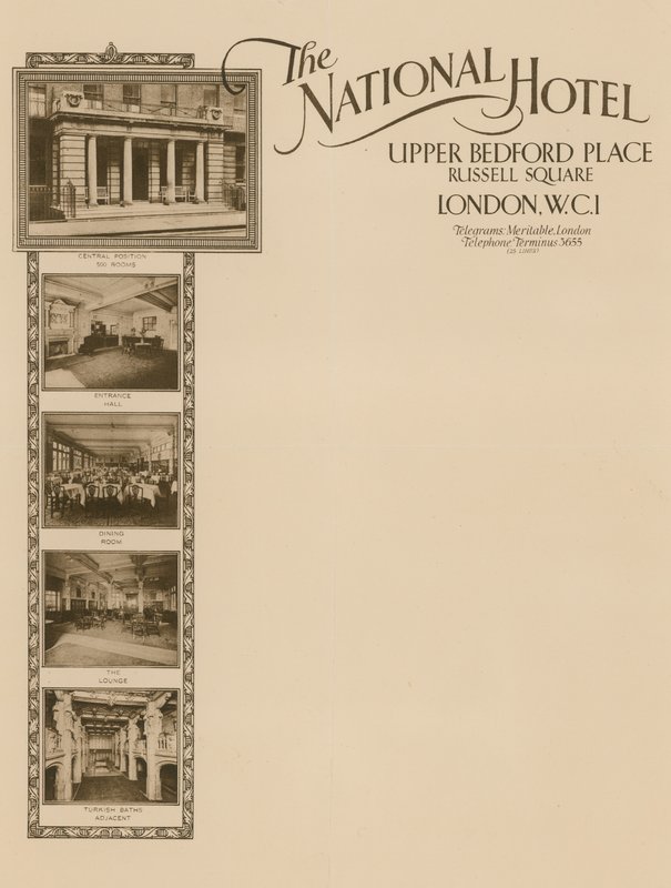 Jegyzetpapír a The National Hoteltől, Upper Bedford Place, Russell Square alkotó: English School