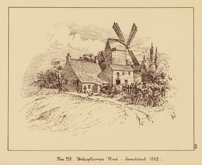 Nun Mill, Bishopthorpe Road, lebontották 1882-ben (litho) alkotó: English School