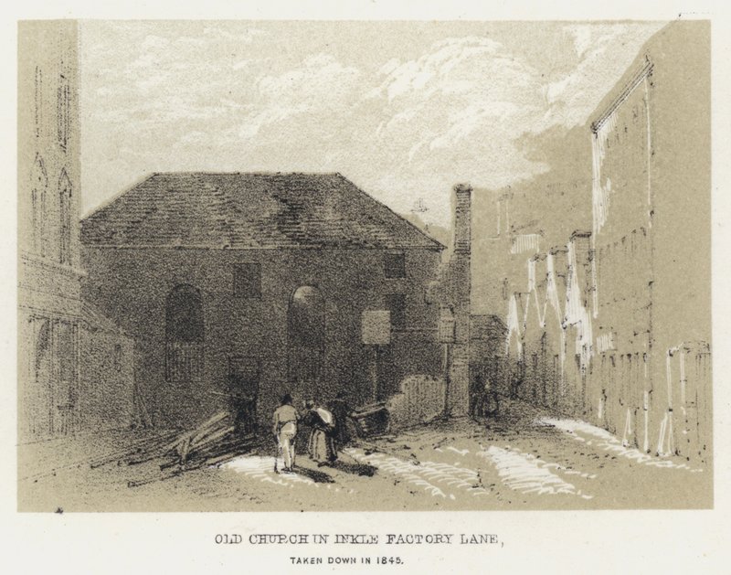Régi templom az Inkle Factory Lane-ben, 1845-ben lebontották (metszet) alkotó: English School