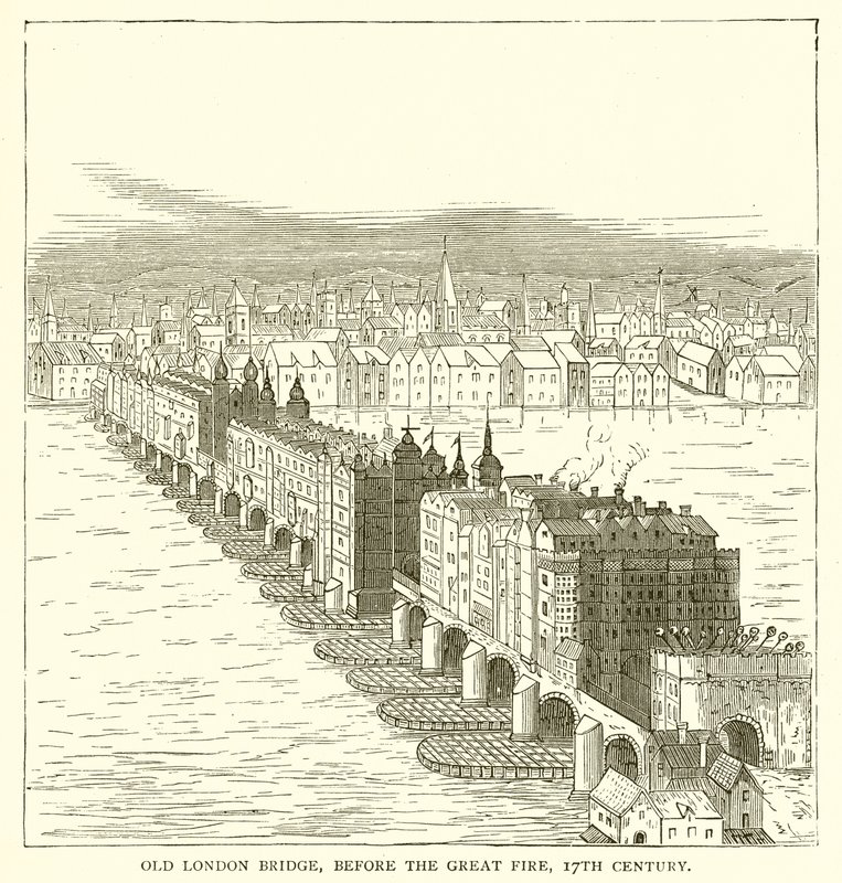 Old London Bridge, a nagy tűzvész előtt, 17. század alkotó: English School