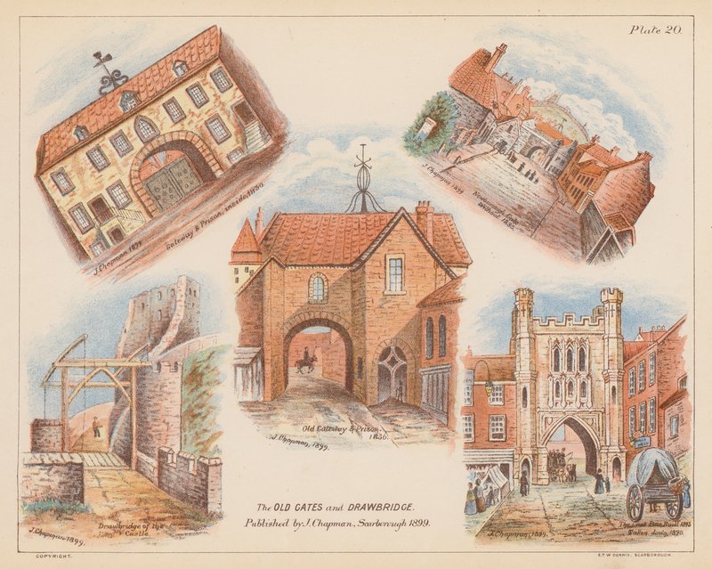 Régi kapuk és felvonóhíd, Scarborough (színes litográfia) alkotó: English School