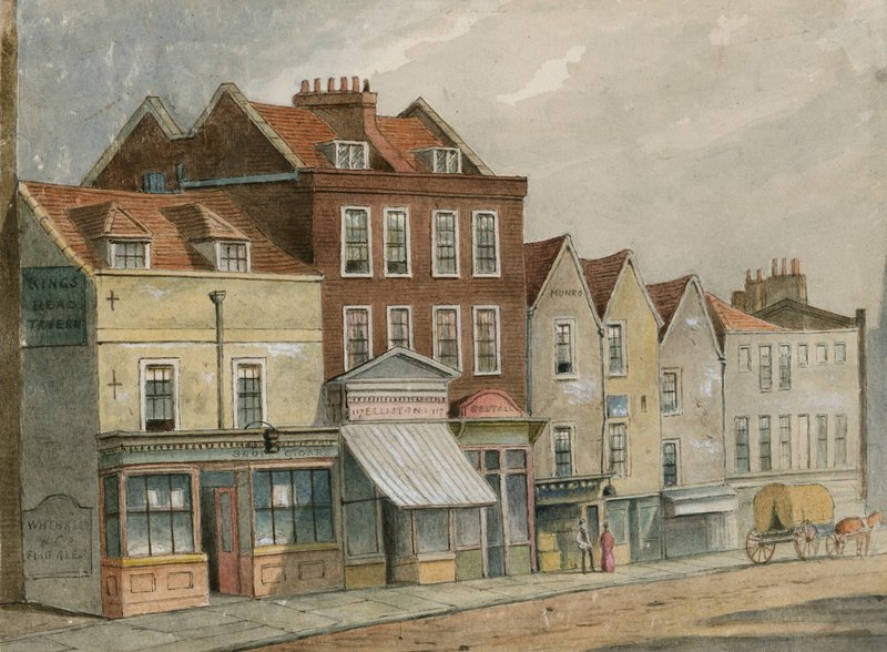 Régi házak Upper Street-en, Islingtonban, a templommal szemben (wc papíron) alkotó: English School