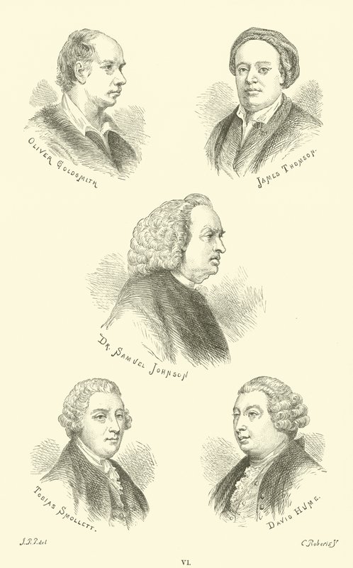 Oliver Goldsmith, James Thomson, Dr. Samuel Johnson, Tobias Smollett, David Hume alkotó: English School