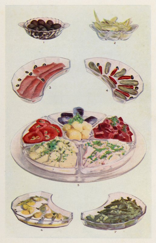 Olajbogyó; Cikória; Füstölt lazac; Uborka és chili; Vaj, paradicsomszeletek, burgonyasaláta, tonhal, cékla, szardínia; Tojás majonéz; Babsaláta (színes litográfia). alkotó: English School