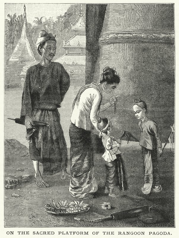 A Rangoon Pagoda szent platformján (metszet) alkotó: English School