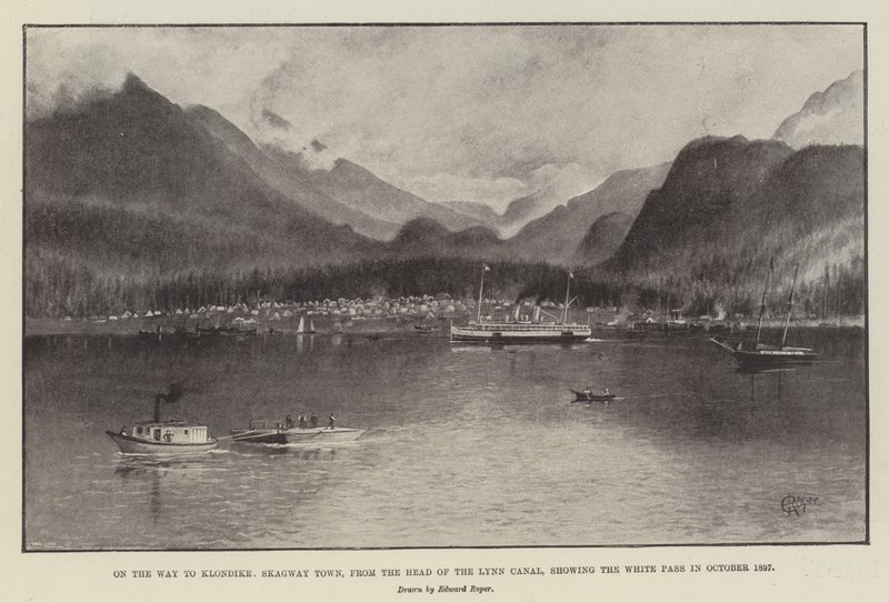 Útban Klondike felé, Skagway Town, a Lynn-csatorna fejétől, a White Pass bemutatásával 1897 októberében (litho) alkotó: English School