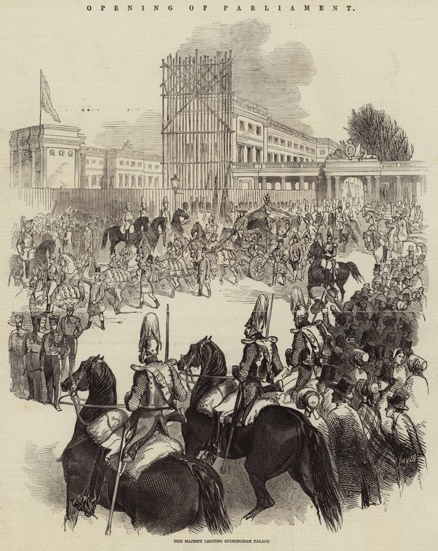 Parlament megnyitása, Őfelsége elhagyja a Buckingham-palotát (metszet) alkotó: English School