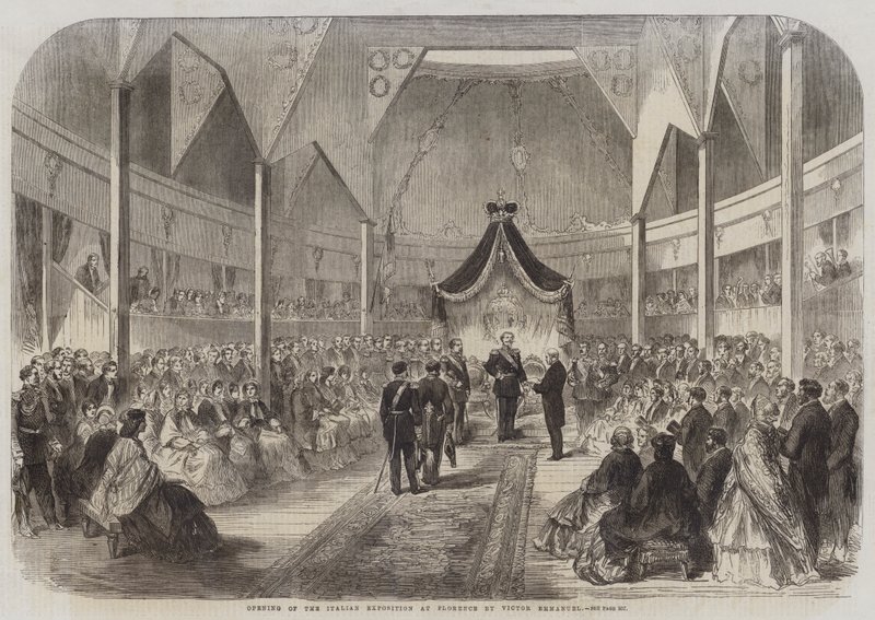 Victor Emmanuel olasz kiállításának megnyitója Firenzében (metszet) alkotó: English School