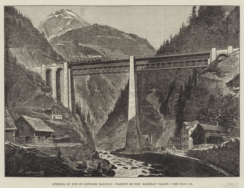 A St Gothard vasút, a Maderan-völgyi viadukt megnyitása (metszet) alkotó: English School