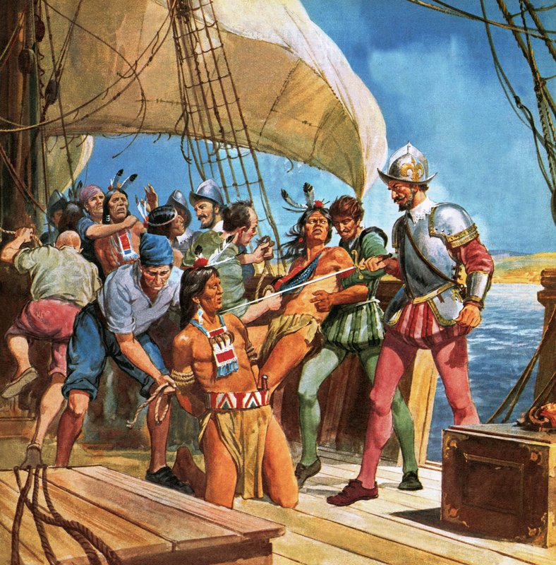 Redskin hadművelet. 1605-ben Sir Ferdinando Gorges Amerikába hajózott, és elrabolt öt indiánt, hogy a főbíró többet megtudjon az amerikai őslakosokról. alkotó: English School