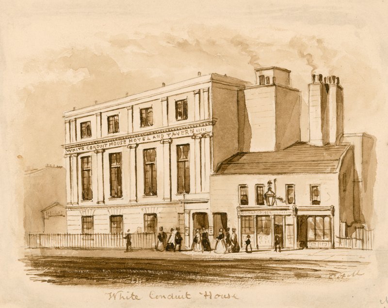 Eredeti szépia rajz az új White Conduit House-ról, Pentonville, London (tintával papíron) alkotó: English School