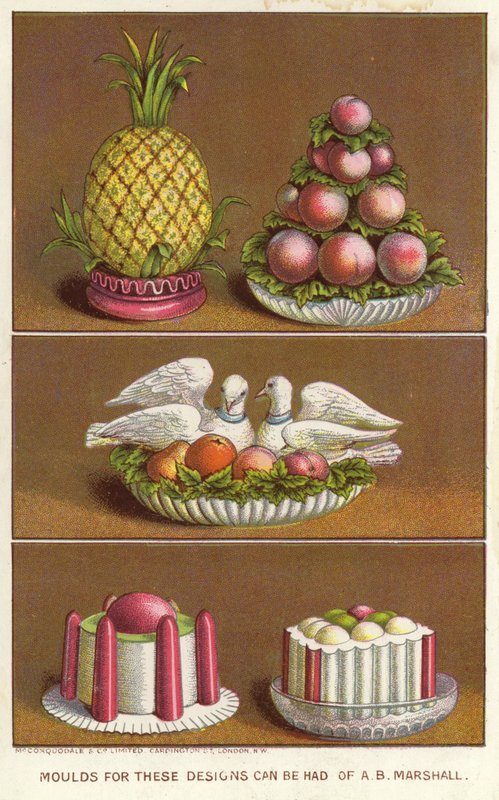 Ananász, őszibarack és két galamb (kromolito) alakú díszítőformák jeges ételek készítéséhez alkotó: English School
