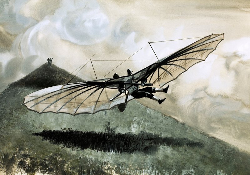 Otto Lilienthal több mint 1000 repülést hajtott végre primitív siklójával (papíron gouache) alkotó: English School
