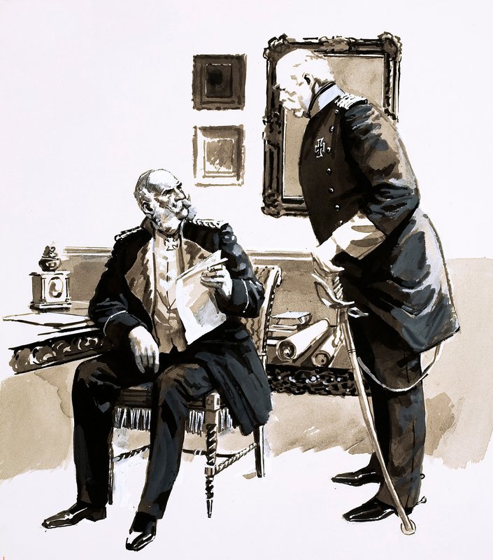 Otto von Bismarck rávette Vilmos királyt, hogy ne mondjon le (gouache papíron) alkotó: English School