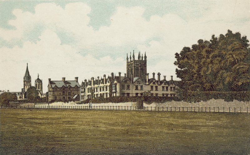 Oxford: Merton College a mezők felől (színes litográfia) alkotó: English School