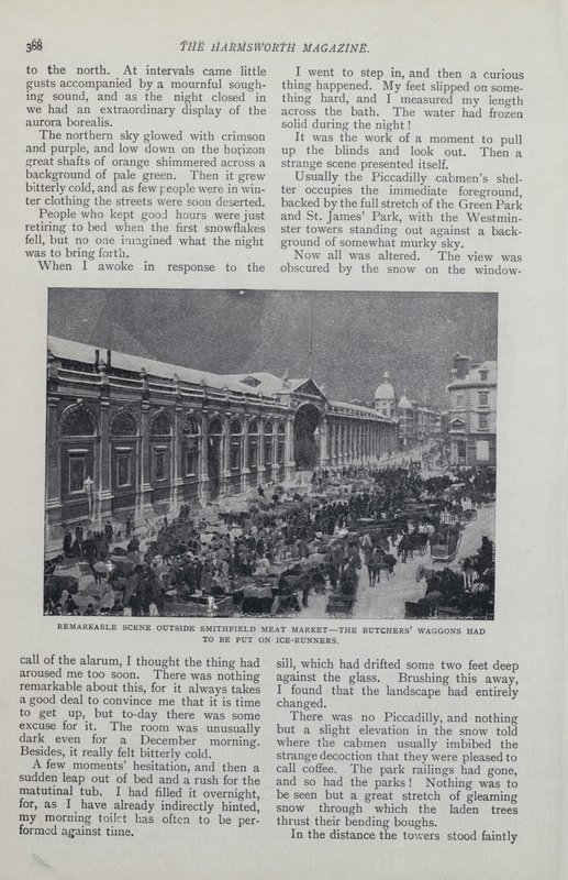 Oldal egy magazincikkből egy képzeletbeli, hó által körülvett Londonról alkotó: English School