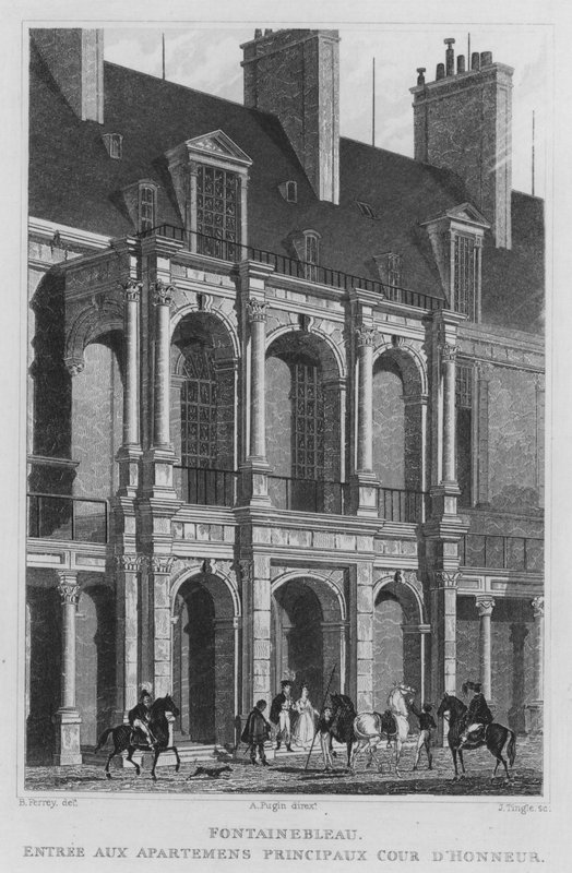 Párizs, Fontainebleau, Bejárat a Fő lakások Becsületbíróságába (metszet) alkotó: English School
