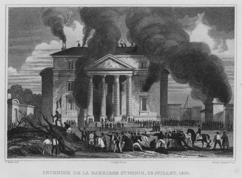 Párizs, A Barriere St Denis tüze, 1830. július 29. (metszet) alkotó: English School
