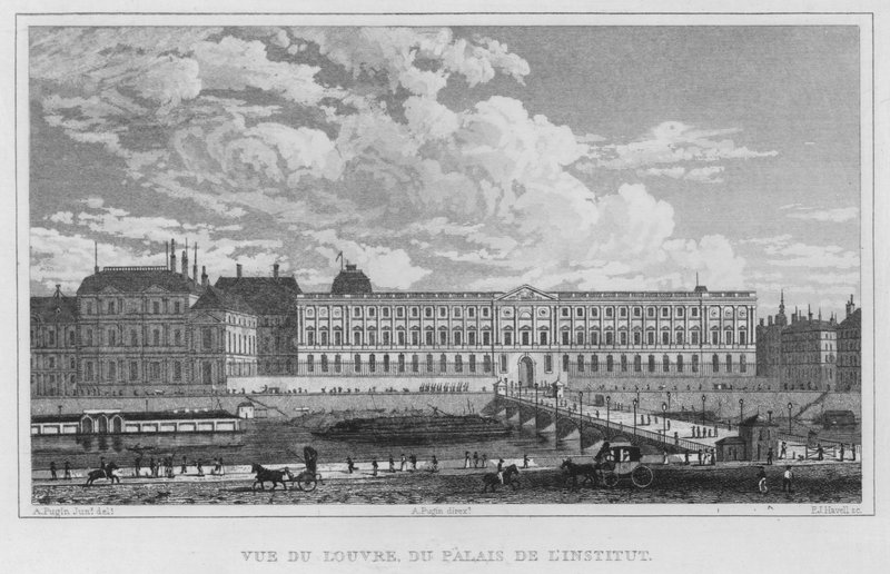 Párizs, kilátás a Louvre-ra, az Intézet palotájából (metszet) alkotó: English School