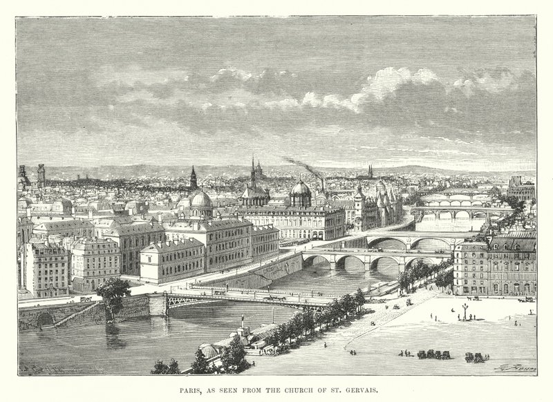 Párizs, a Szent Gervais-templom felől nézve (metszet) alkotó: English School