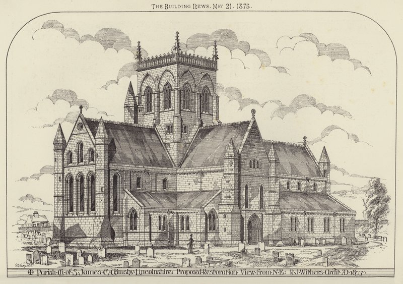 S James plébániatemplom, Great Grimsby, Lincolnshire, javasolt helyreállítás, Kilátás ÉK felől (metszet) alkotó: English School